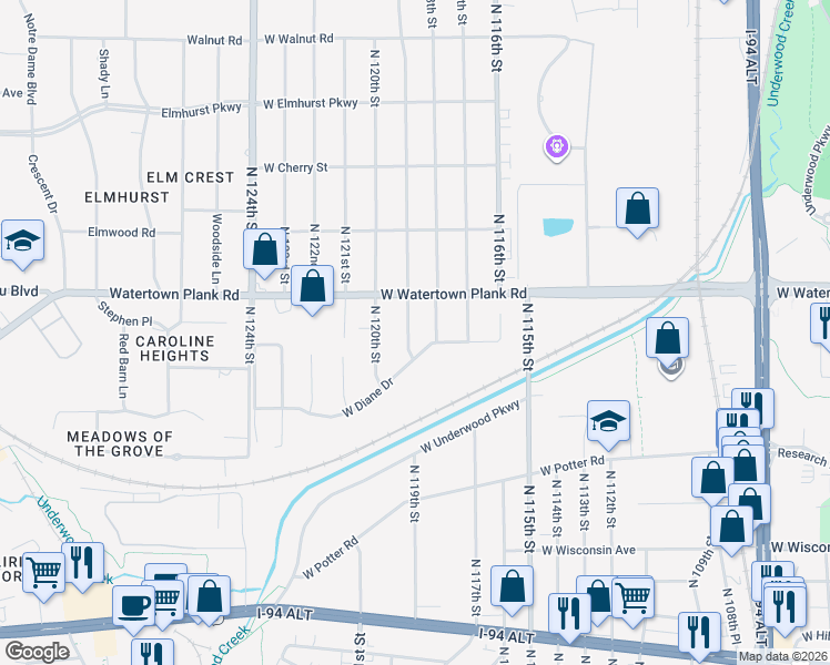 map of restaurants, bars, coffee shops, grocery stores, and more near 1010 North 119th Street in Wauwatosa