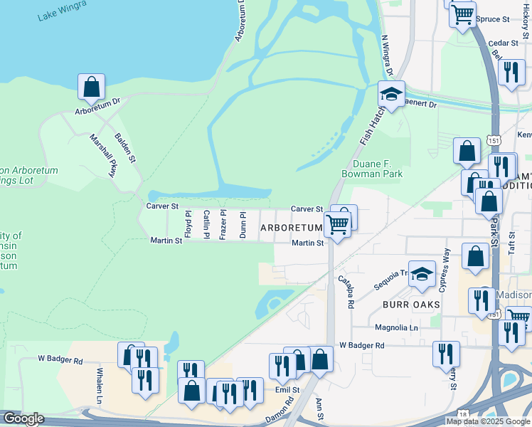 map of restaurants, bars, coffee shops, grocery stores, and more near 2018 Irwin Place in Madison