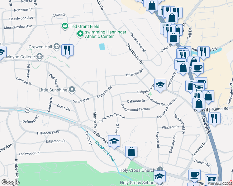 map of restaurants, bars, coffee shops, grocery stores, and more near 231 Ridgecrest Road in Syracuse