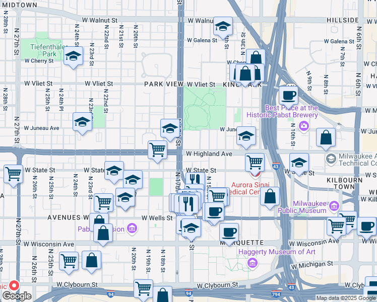 map of restaurants, bars, coffee shops, grocery stores, and more near West Highland Avenue in Milwaukee
