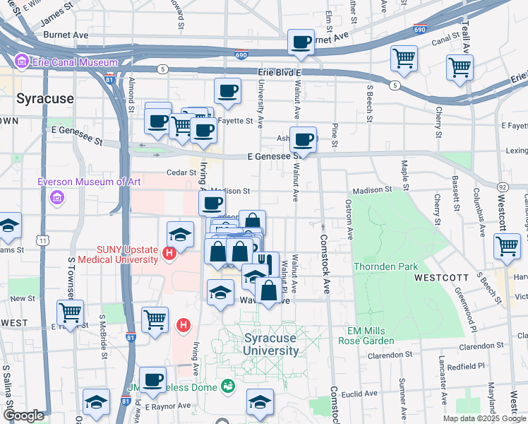 map of restaurants, bars, coffee shops, grocery stores, and more near 509 University Avenue in Syracuse