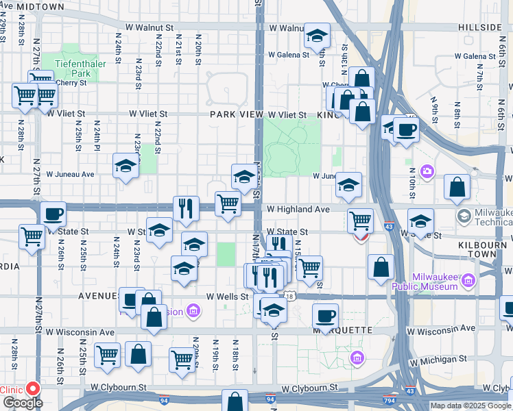 map of restaurants, bars, coffee shops, grocery stores, and more near N 17th St & W Highland Ave in Milwaukee