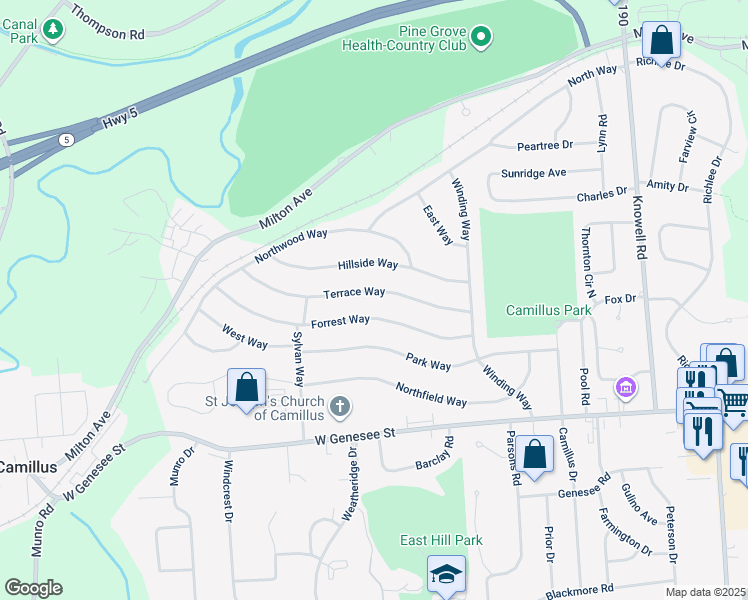 map of restaurants, bars, coffee shops, grocery stores, and more near 140 Terrace Way in Camillus