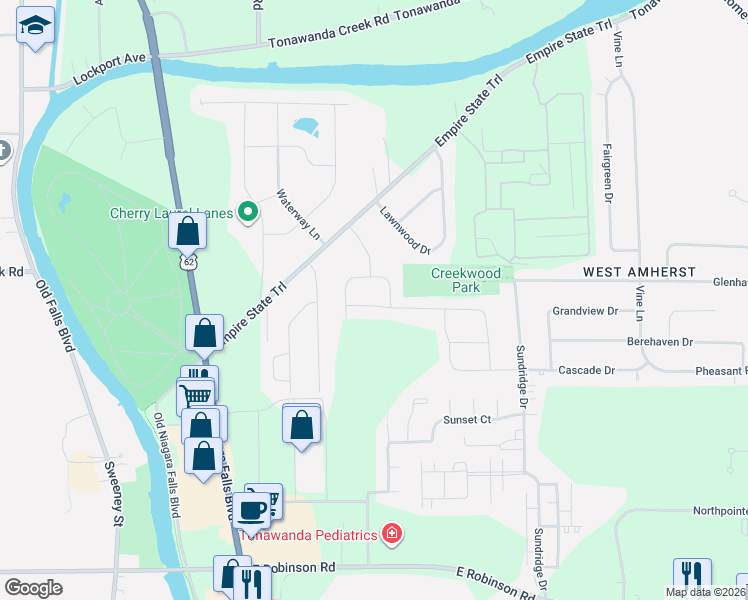 map of restaurants, bars, coffee shops, grocery stores, and more near 52 Winterbrook Drive in Erie County