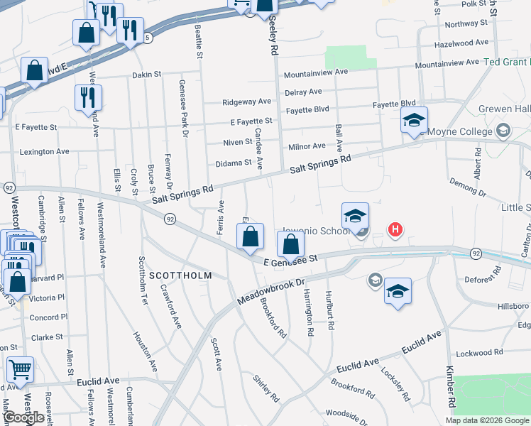 map of restaurants, bars, coffee shops, grocery stores, and more near 164 Edgehill Road in Syracuse