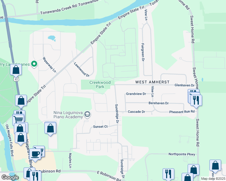 map of restaurants, bars, coffee shops, grocery stores, and more near 342 Sundridge Drive in Buffalo