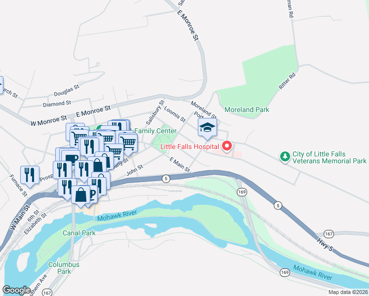 map of restaurants, bars, coffee shops, grocery stores, and more near 23 Petrie Street in Little Falls