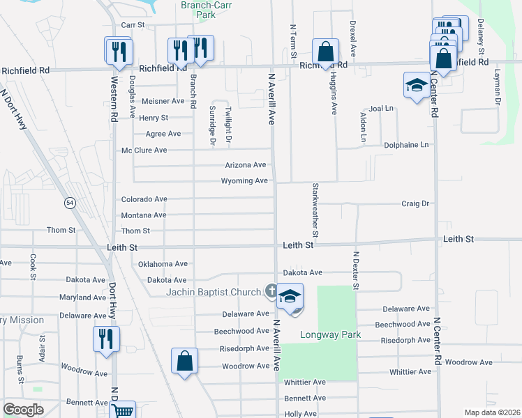 map of restaurants, bars, coffee shops, grocery stores, and more near 3246 Montana Avenue in Flint