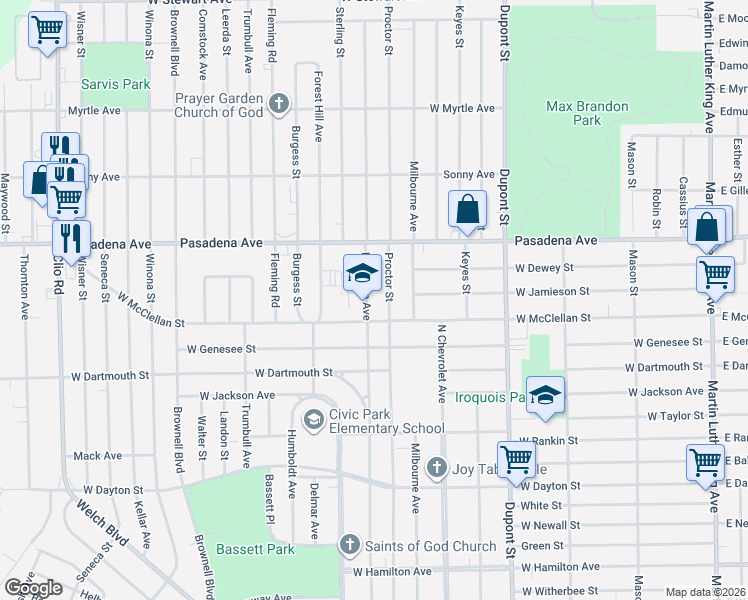 map of restaurants, bars, coffee shops, grocery stores, and more near 3115 Lawndale Avenue in Flint