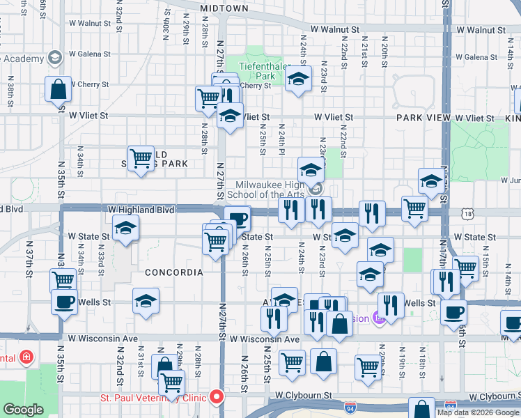 map of restaurants, bars, coffee shops, grocery stores, and more near 1029 North 25th Street in Milwaukee
