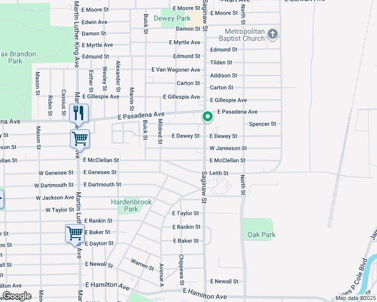 map of restaurants, bars, coffee shops, grocery stores, and more near 614 West Jamieson Street in Flint