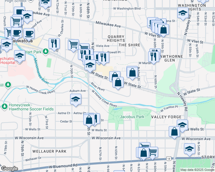 map of restaurants, bars, coffee shops, grocery stores, and more near 6600 River Parkway in Wauwatosa