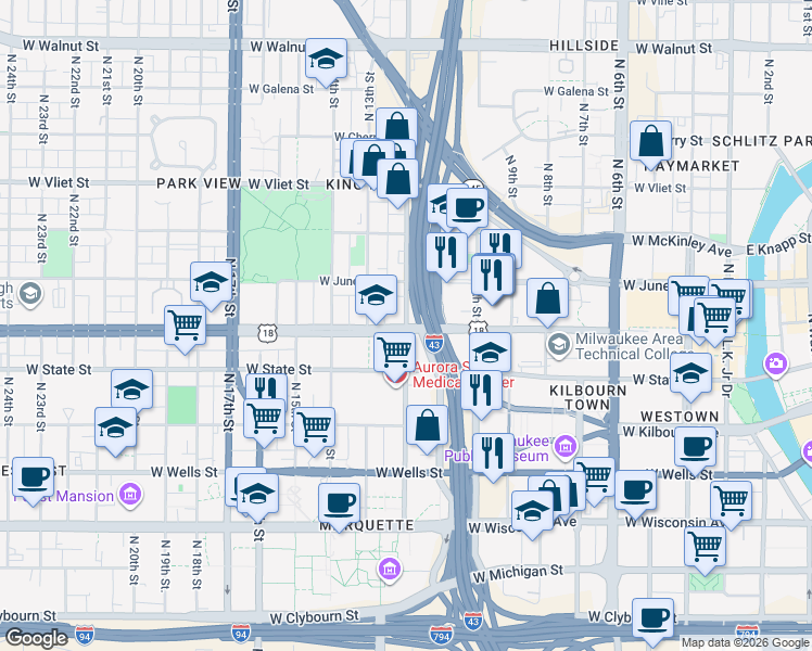 map of restaurants, bars, coffee shops, grocery stores, and more near W Highland Ave & N 12th St in Milwaukee