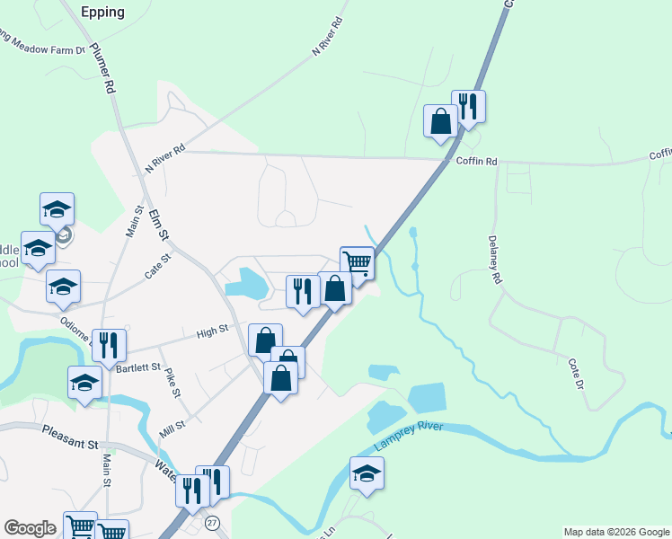 map of restaurants, bars, coffee shops, grocery stores, and more near 284 Calef Highway in Epping