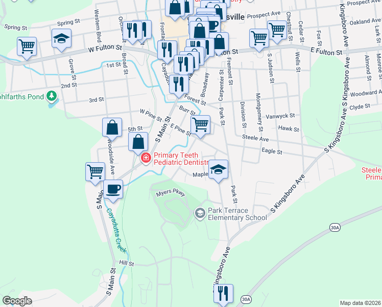 map of restaurants, bars, coffee shops, grocery stores, and more near 12 Beech Street in Gloversville