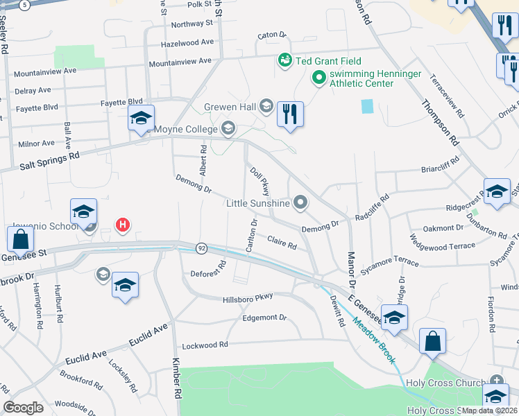 map of restaurants, bars, coffee shops, grocery stores, and more near 608 Demong Drive in Syracuse