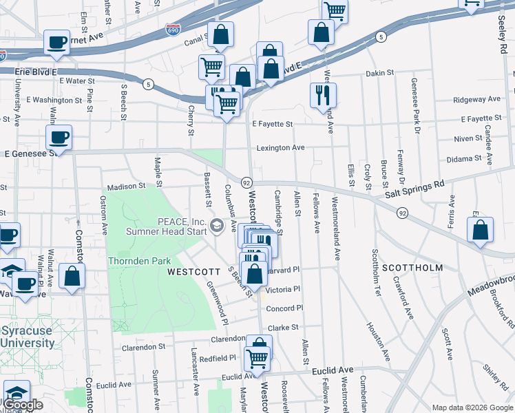 map of restaurants, bars, coffee shops, grocery stores, and more near 331 Westcott Street in Syracuse