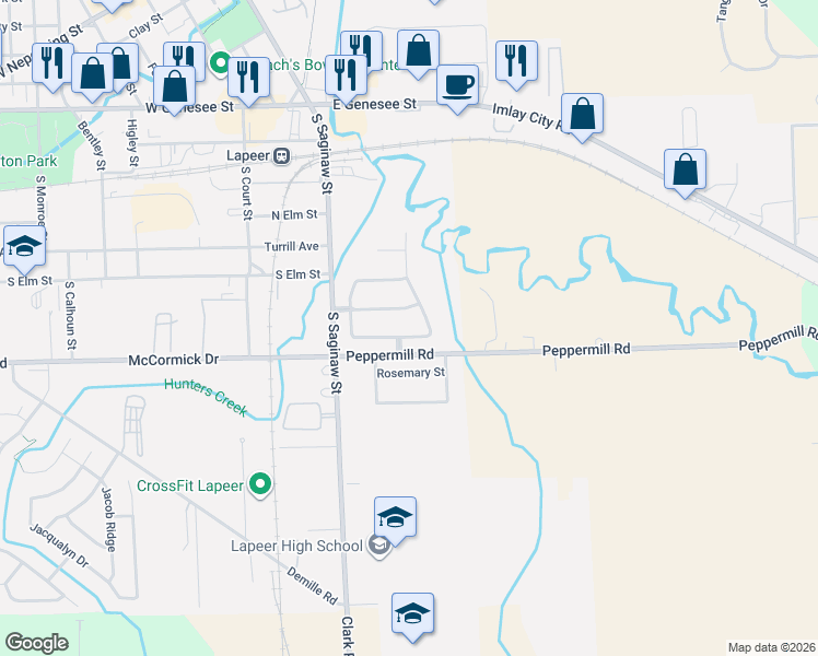 map of restaurants, bars, coffee shops, grocery stores, and more near 84 Mill Creek Avenue in Lapeer