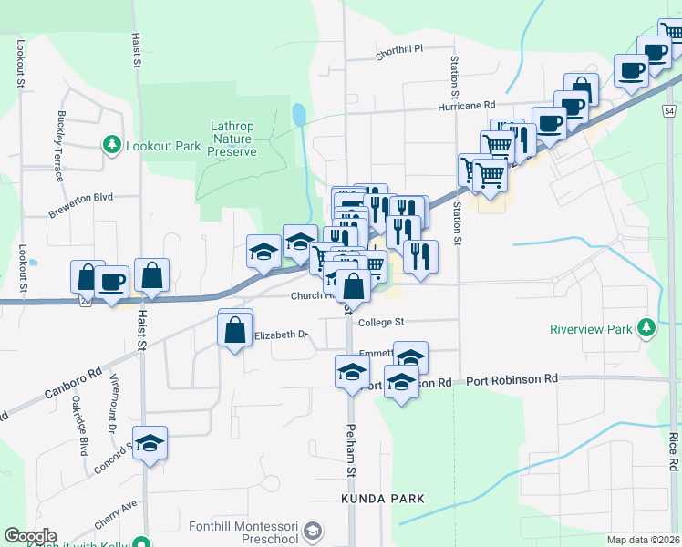 map of restaurants, bars, coffee shops, grocery stores, and more near 1440 Pelham Street in Pelham