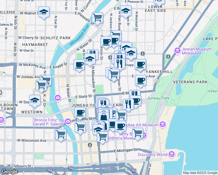 map of restaurants, bars, coffee shops, grocery stores, and more near 1029 North Jackson Street in Milwaukee