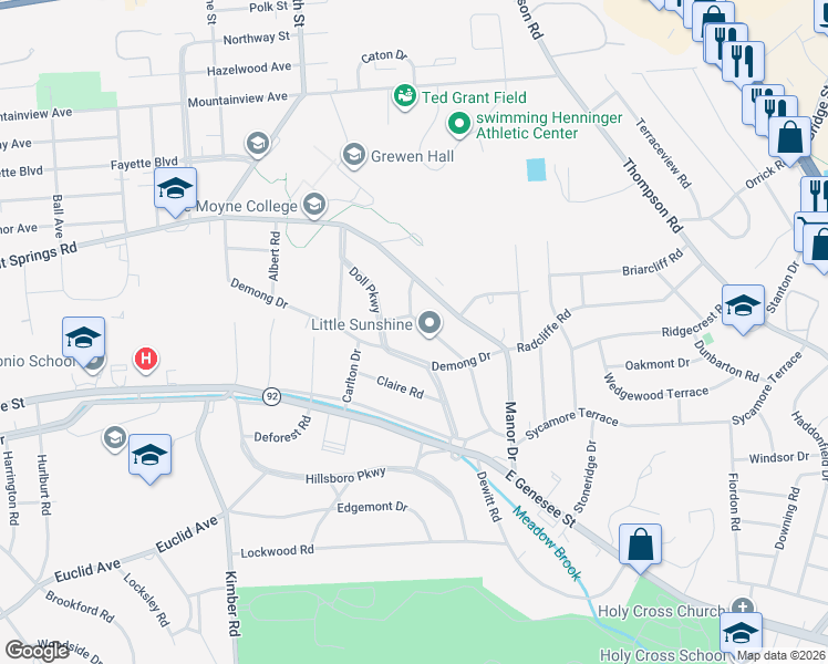 map of restaurants, bars, coffee shops, grocery stores, and more near 617 Demong Drive in Syracuse