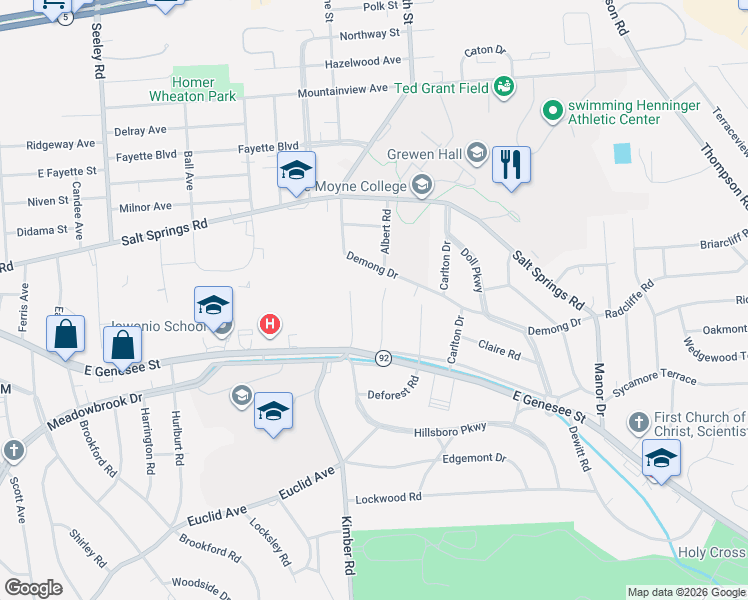 map of restaurants, bars, coffee shops, grocery stores, and more near 314 Albert Road in Syracuse