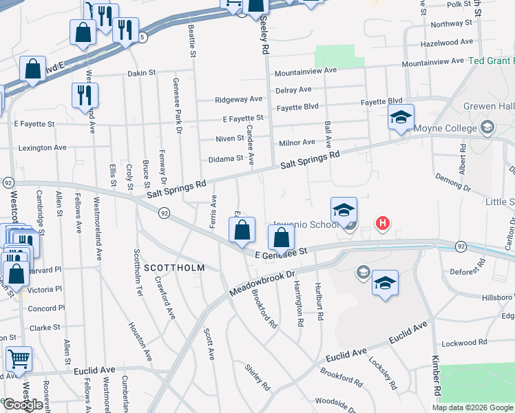 map of restaurants, bars, coffee shops, grocery stores, and more near 164 Edgehill Road in Syracuse
