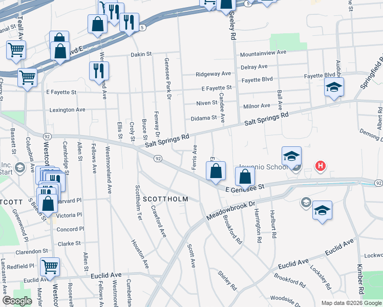map of restaurants, bars, coffee shops, grocery stores, and more near 121 Ferris Avenue in Syracuse