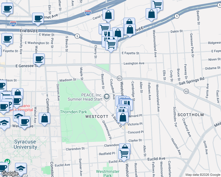 map of restaurants, bars, coffee shops, grocery stores, and more near 211 Bassett Street in Syracuse