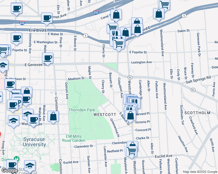 map of restaurants, bars, coffee shops, grocery stores, and more near 211 Bassett Street in Syracuse