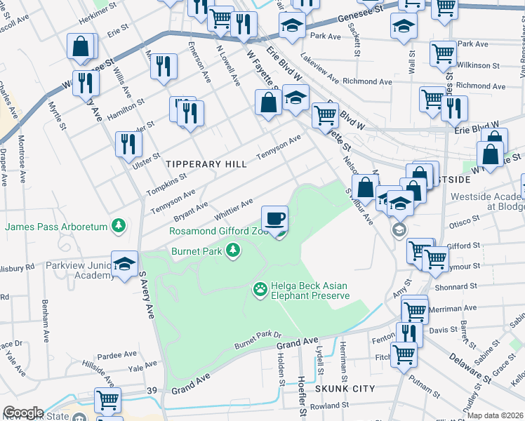 map of restaurants, bars, coffee shops, grocery stores, and more near 262 Coleridge Avenue in Syracuse