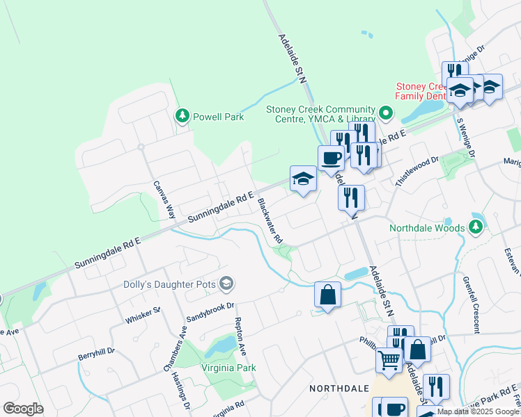 map of restaurants, bars, coffee shops, grocery stores, and more near 2215 Blackwater Road in London