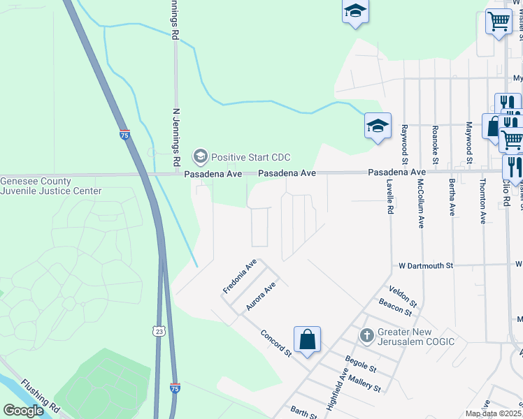 map of restaurants, bars, coffee shops, grocery stores, and more near 3379 Pasadena Avenue in Flint