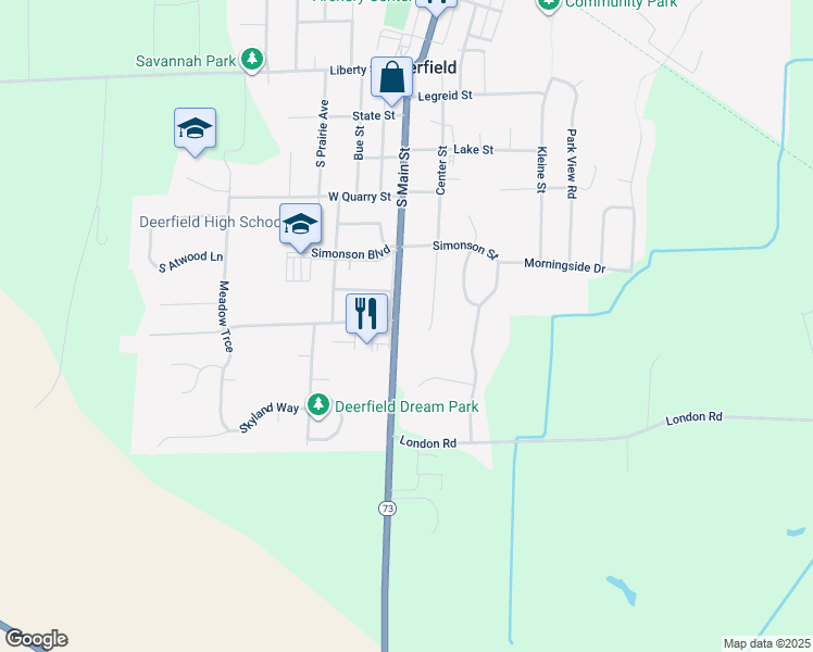 map of restaurants, bars, coffee shops, grocery stores, and more near 604 South Main Street in Deerfield