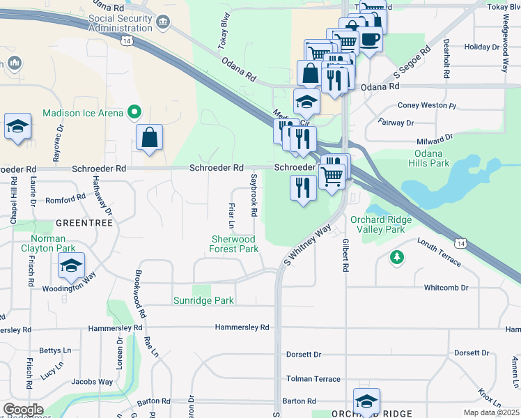 map of restaurants, bars, coffee shops, grocery stores, and more near 1021 Saybrook Road in Madison