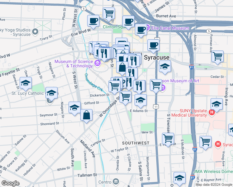 map of restaurants, bars, coffee shops, grocery stores, and more near 484 South Salina Street in Syracuse