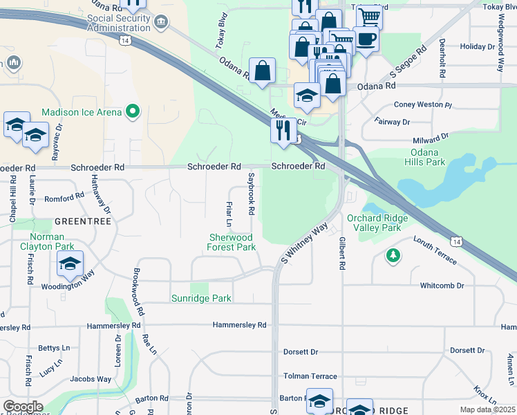 map of restaurants, bars, coffee shops, grocery stores, and more near 1021 Saybrook Road in Madison