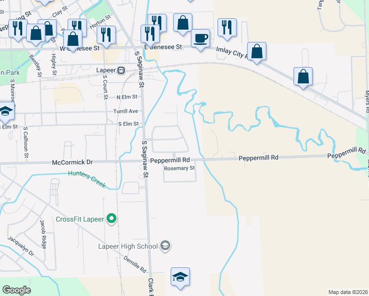 map of restaurants, bars, coffee shops, grocery stores, and more near 84 Mill Creek Avenue in Lapeer