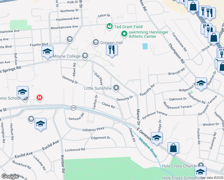 map of restaurants, bars, coffee shops, grocery stores, and more near 617 Demong Drive in Syracuse