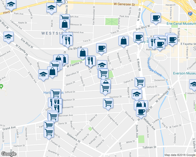 map of restaurants, bars, coffee shops, grocery stores, and more near 312 Oswego Street in Syracuse