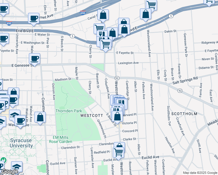 map of restaurants, bars, coffee shops, grocery stores, and more near 203 Hawthorne Street in Syracuse