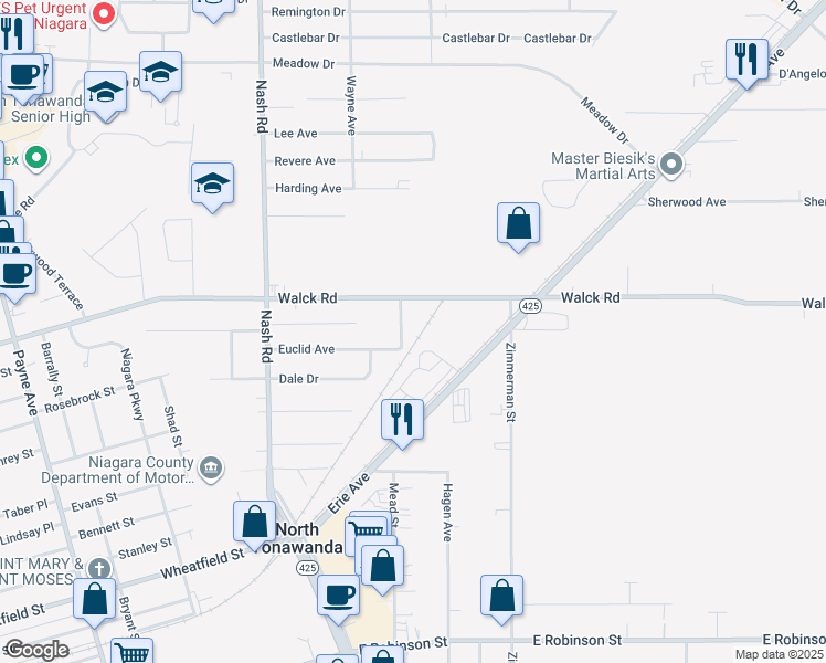 map of restaurants, bars, coffee shops, grocery stores, and more near 33 Plastic Drive in North Tonawanda