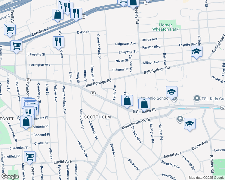 map of restaurants, bars, coffee shops, grocery stores, and more near 114 Ferris Avenue in Syracuse