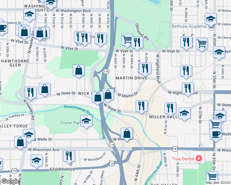 map of restaurants, bars, coffee shops, grocery stores, and more near 4655 West Martin Drive in Milwaukee