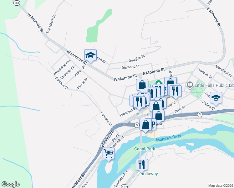 map of restaurants, bars, coffee shops, grocery stores, and more near 75 Church Street in Little Falls