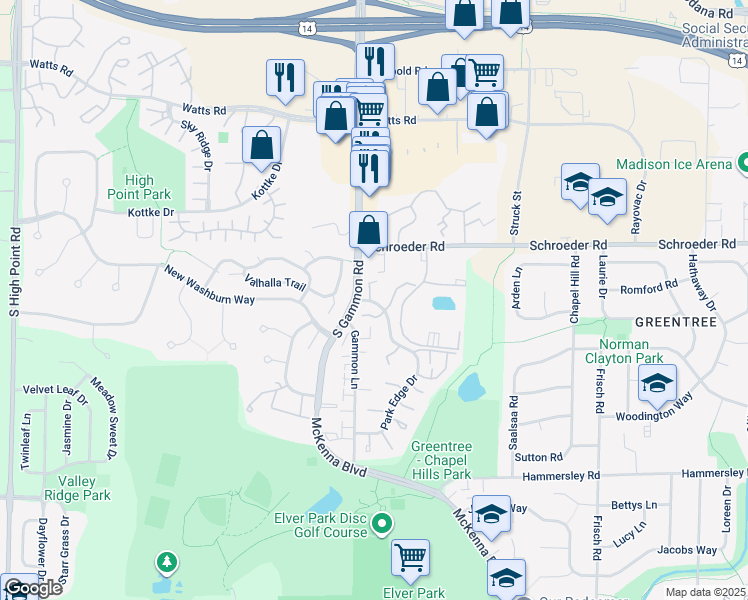 map of restaurants, bars, coffee shops, grocery stores, and more near 6914 Park Ridge Drive in Madison