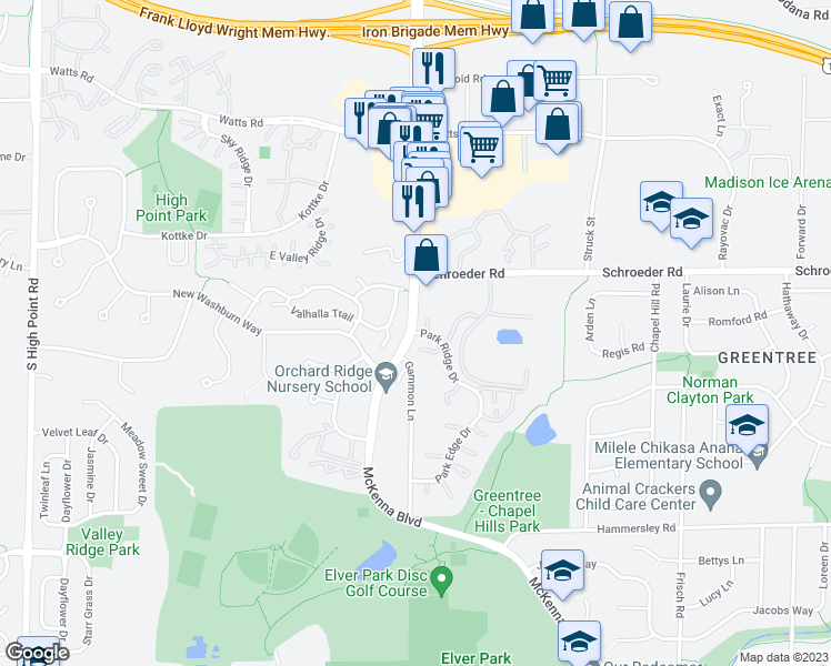 map of restaurants, bars, coffee shops, grocery stores, and more near 6964 Park Ridge Drive in Madison