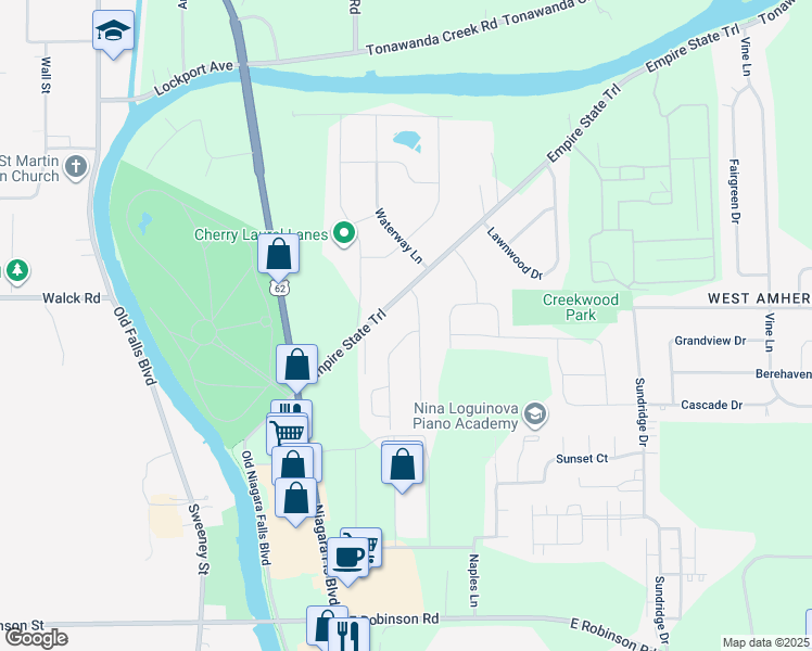 map of restaurants, bars, coffee shops, grocery stores, and more near 9 West Summerset Lane in Buffalo