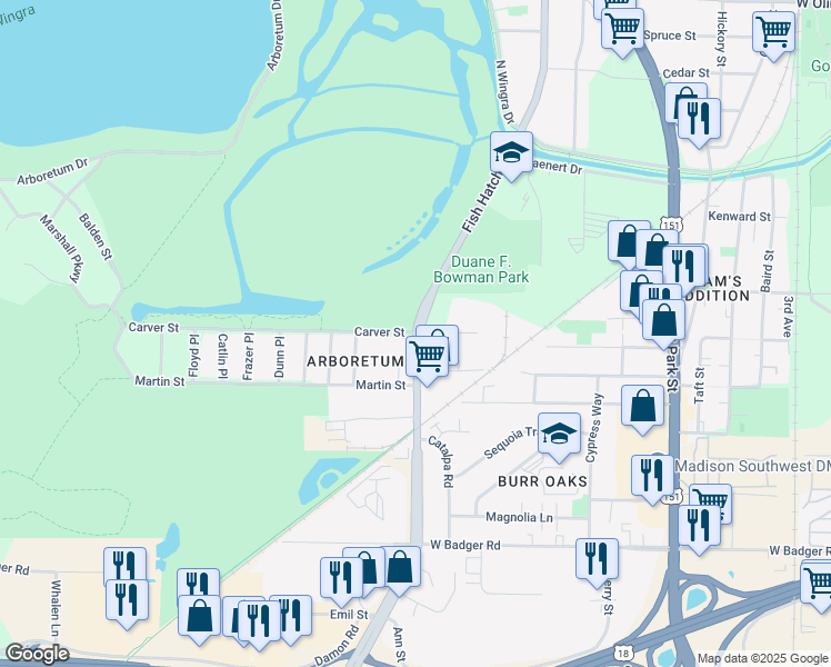map of restaurants, bars, coffee shops, grocery stores, and more near Fish Hatchery Rd & Carver St in Madison