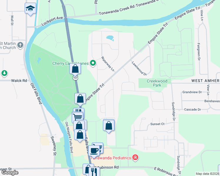 map of restaurants, bars, coffee shops, grocery stores, and more near 9 West Summerset Lane in Buffalo